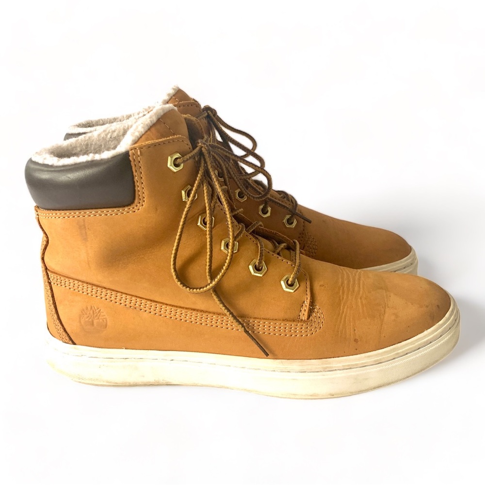Timberland Flannery Womens Leather Sneaker Boots Tan Sherpa Lined Lace Up Sz 8